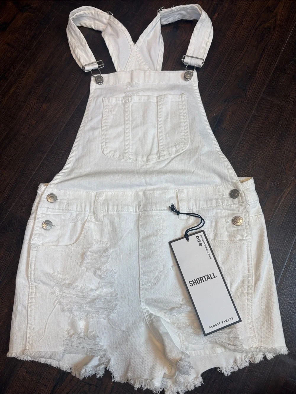 Almost Famous NWT Womens size 5 White Distressed Denim Shortall Overalls